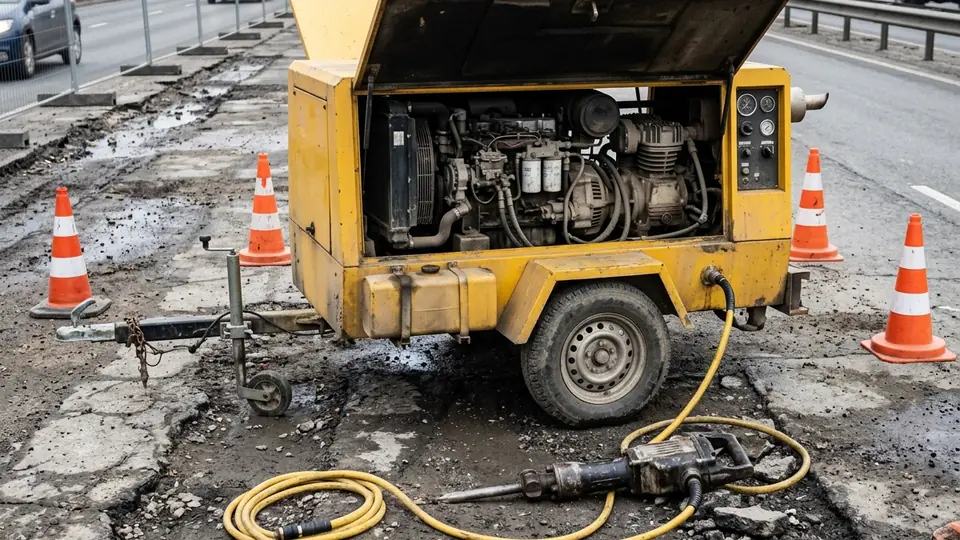 Compressor portátil a diesel com rompedor em obra de pavimentação
